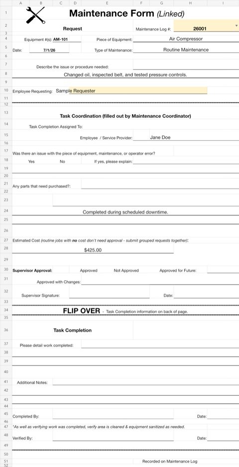 Custom maintenance form with fictional sample data
